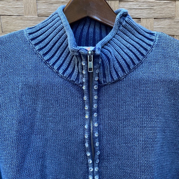 Quacker Factory Blue Knit Crystal Embellished Full Zip Sweater 2X Denim Pockets - Picture 2 of 12